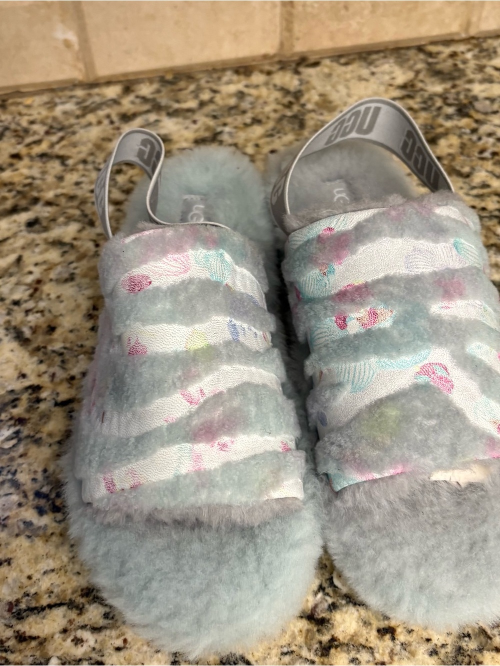 UGG Kids Fuzzy Slide Sandals in Light Blue with Pastel Accents